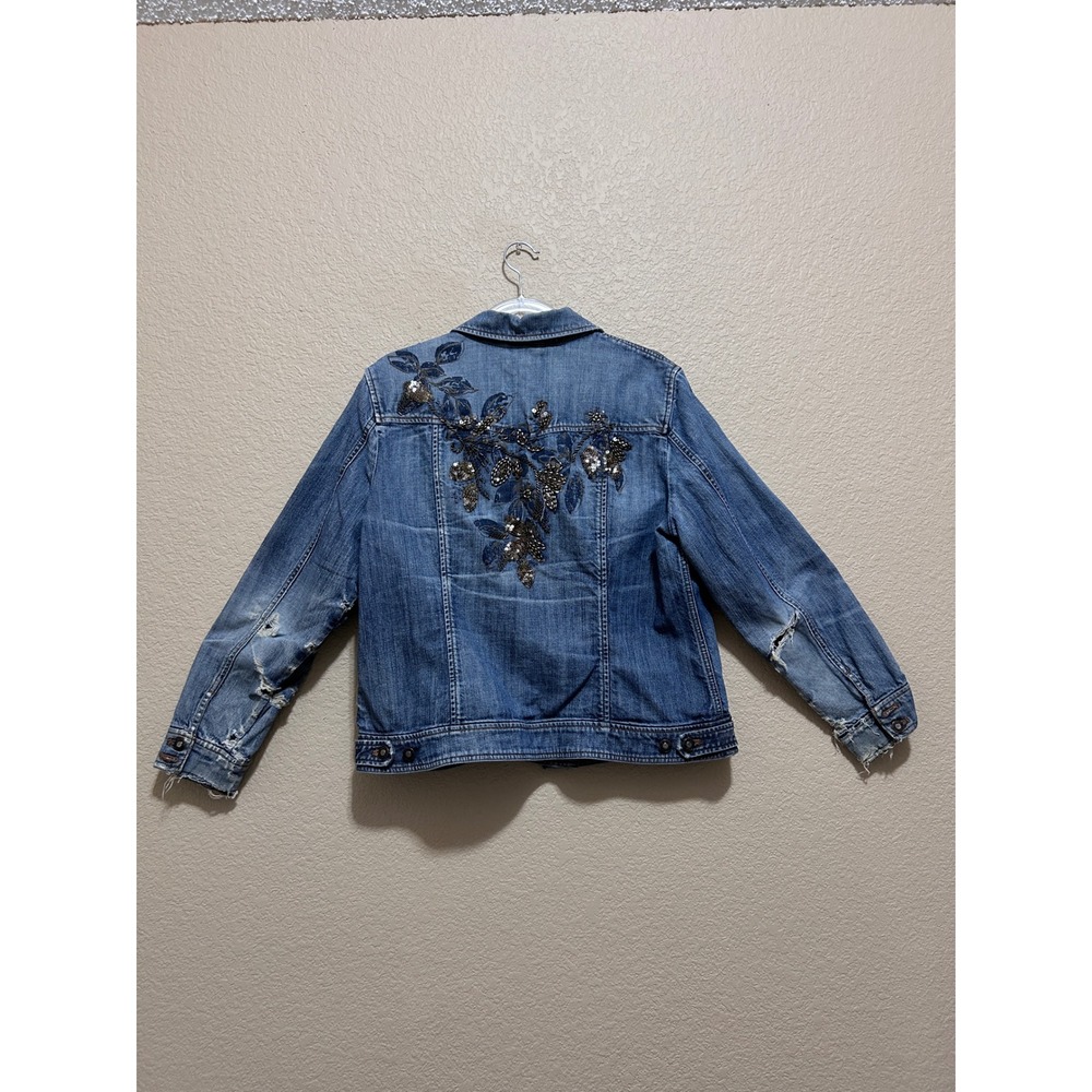 Coldwater Creek 16 Distressed Embroidered Denim Jacket Blue Sequin Boho Trucker - Picture 2 of 15